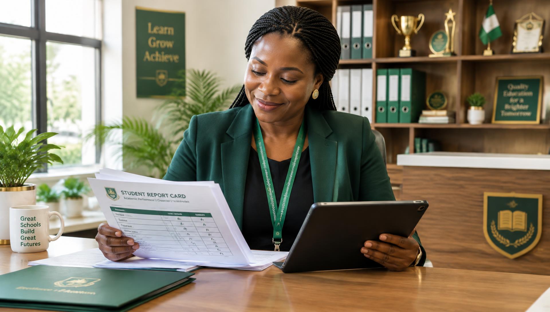 A school administrator reviewing student report cards at a school office desk